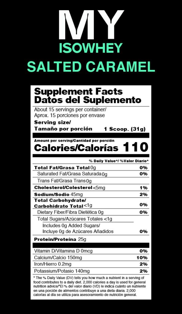 Tabla Nutricional MY ISOWHEY salted caramel proteina aislada de suero lacteo whey protein isolate