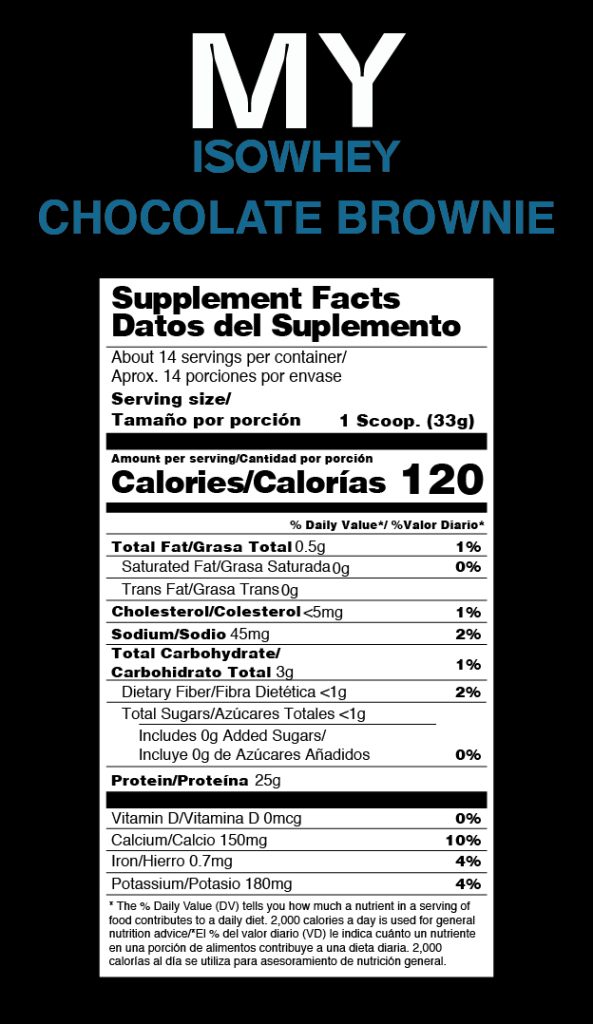 Tabla Nutricional MY ISOWHEYchocolate brownie proteina aislada de suero lacteo whey protein isolate