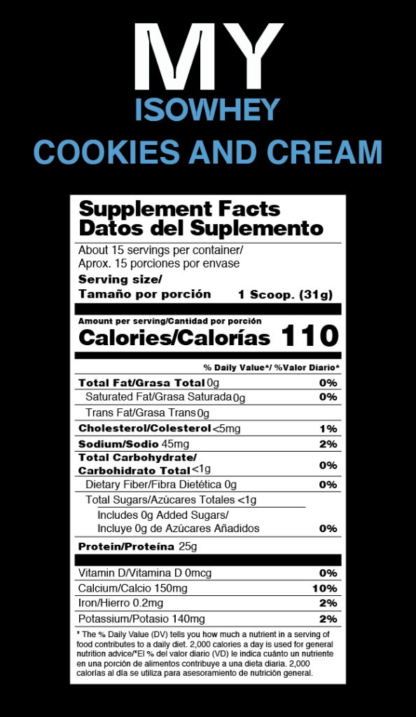 Tabla Nutricional MY ISOWHEY cookies and cream proteina aislada de suero lacteo whey protein isolate