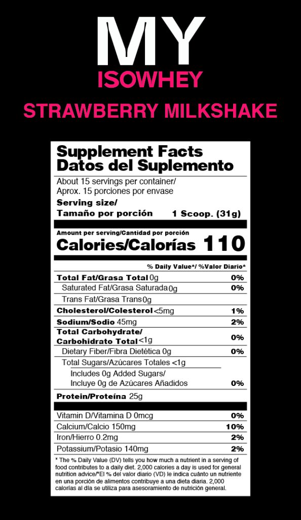 Tabla Nutricional MY ISOWHEY frutilla proteina aislada de suero lacteo whey protein isolate