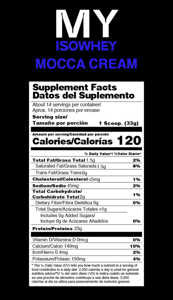 Tabla Nutricional MY ISOWHEY mocca cream proteina aislada de suero lacteo whey protein isolate