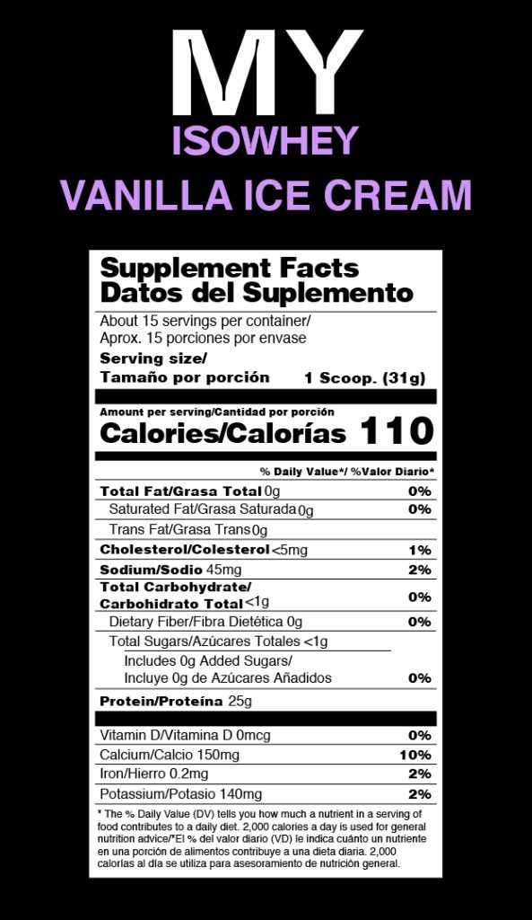 Tabla Nutricional MY ISOWHEY vanilla icecream proteina aislada de suero lacteo whey protein isolate