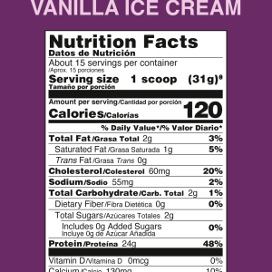 El suplemento proteico Whey Protein Concentrate sabor Vainilla Ice Cream: 48% proteína, 10% calcio, 3% grasas totales, 120 calorías por porción