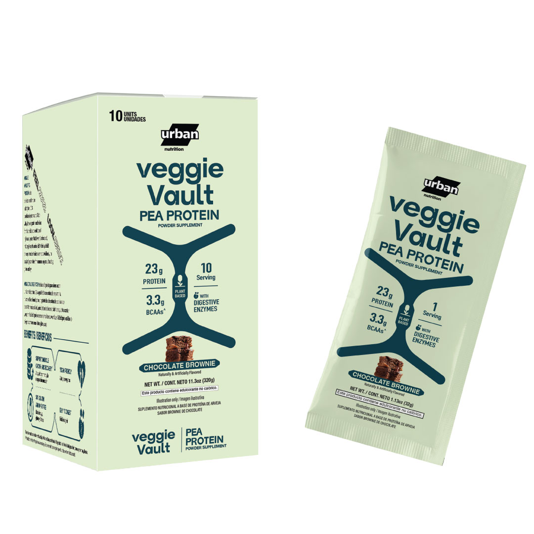 Sachet de VEGGIE VAULT PEA PROTEIN, proteína de arveja 100% vegetal con 23g por porción y enzimas digestivas