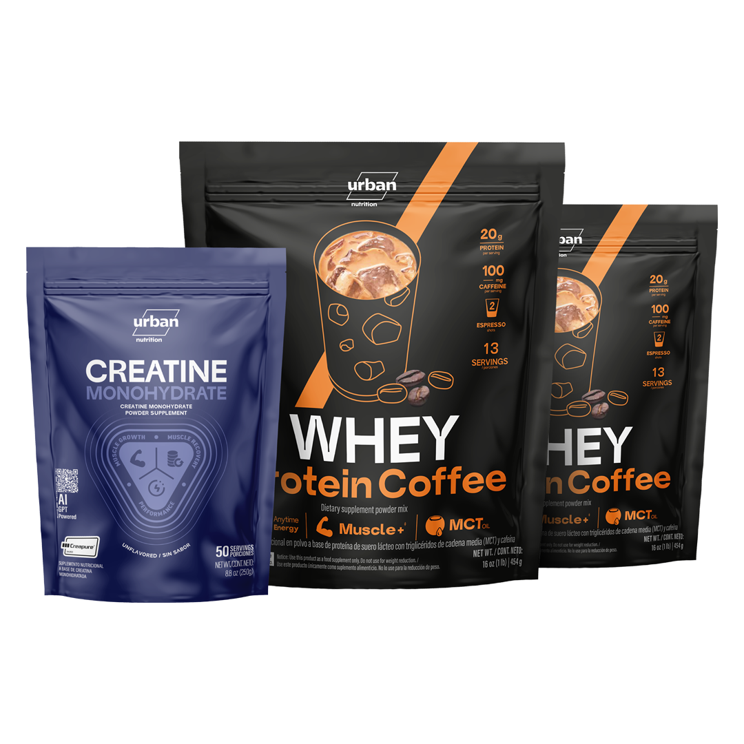 Power Pack proteína y creatina Compra Power Pack de Urban Nutrition®. Incluye 2 Whey Protein Coffee y 1 Creatina Creapure® para energía, rendimiento y recuperación muscular.